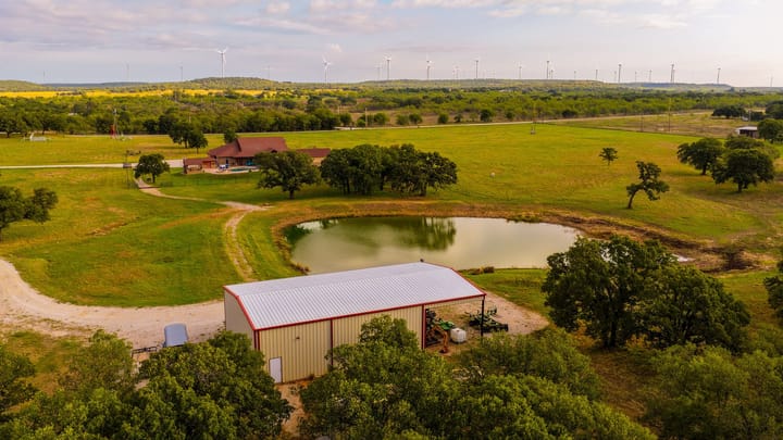 4 Welch Ranch, mature oak trees, hardwood trees, ponds, native grasses, electric, Main House, Barndominium, shop