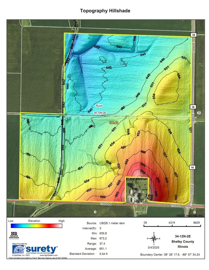 Topography map of 131.66 acres of sold farmland in Shelby  County, Illinois