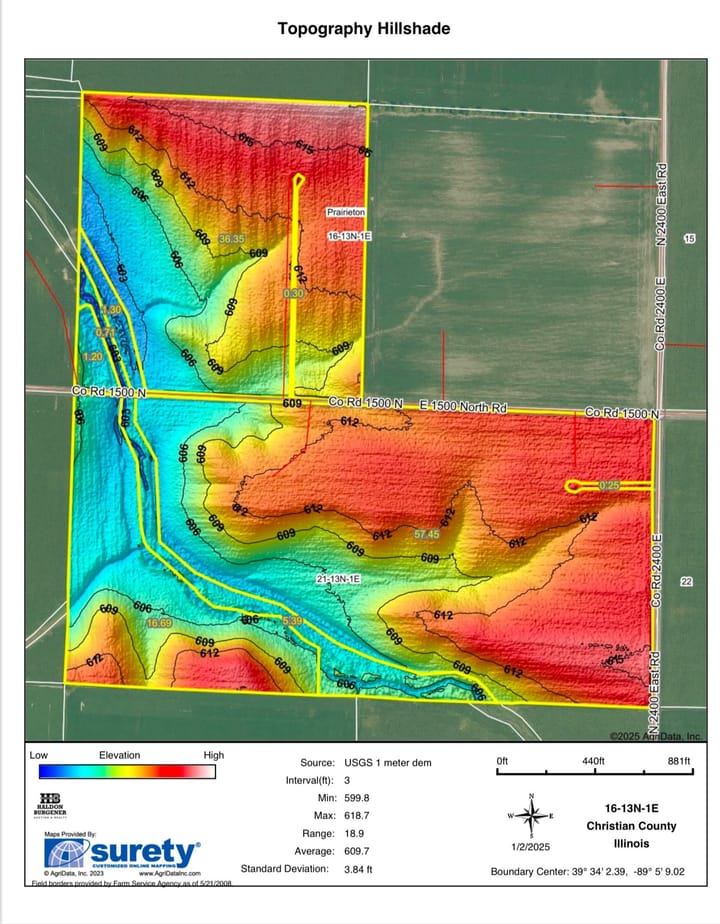 Topography  map for 120.72-acre Christian County Illinois farmland